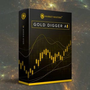 以下が含まれることがあります： 金色のライオンのロゴと「MARKET MASTERS」と「GOLD DIGGER AI」の文字が書かれた黒い箱。箱には、金と黒の株式チャートのグラフィックが描かれている。