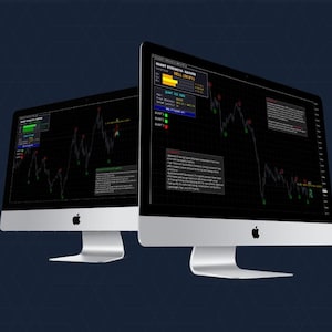 Op de afbeelding: Twee zilveren Apple iMac-computers met financiële gegevensgrafieken met rode, groene en gele indicatoren tegen een zwarte achtergrond. De schermen tonen grafieken en tekst, met een donkerblauwe achtergrond.