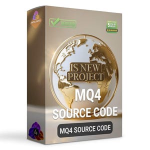 Puede incluir: Una caja dorada y blanca con el texto "IS NEW PROJECT" y "MQ4 SOURCE CODE". La caja también presenta un diseño de globo terráqueo y la palabra "VERIFIED" con una marca de verificación. La caja tiene una calificación de 5 estrellas y el texto "STA 89 BREGIK".