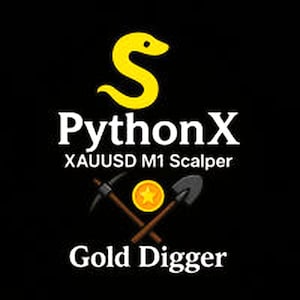 Op de afbeelding: Zwarte afbeelding met de tekst "PythonX XAUUSD M1 Scalper Gold Digger". De afbeelding toont een gele slang-icoon boven het woord "PythonX", en gekruiste pikhouweel en schop met een gouden munt.