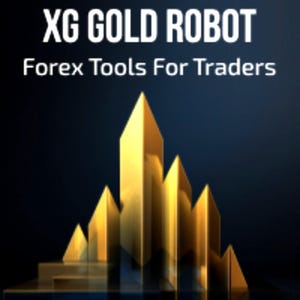 Puede incluir: Una estructura geométrica dorada que se asemeja a un paisaje urbano estilizado, sobre un fondo degradado azul oscuro. El texto "XG GOLD ROBOT" y "Forex Tools For Traders" se muestra en blanco.