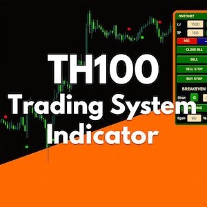 Puede incluir: Una pantalla digital con el texto "TH100 Trading System Indicator" en blanco. El fondo es negro y naranja, con un gráfico de líneas verde y rojo. Un panel de control verde y rojo está a la derecha.