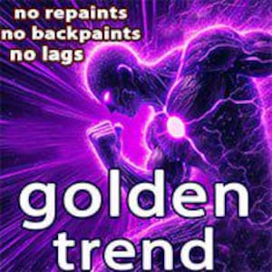 Op de afbeelding: Een digitale illustratie van een krachtig, gloeiend paars figuur met de tekst "golden trend" in witte letters.