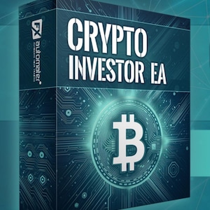 Può includere: Una scatola blu scuro con le parole "CRYPTO INVESTOR EA" in grandi lettere bianche. La scatola presenta un simbolo Bitcoin in un cerchio luminoso e il logo "FX automater". Il design incorpora schemi di circuiti.