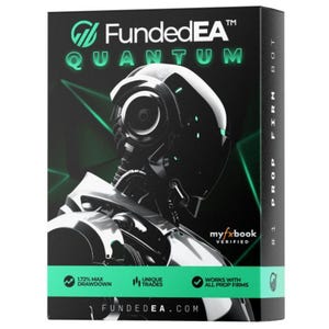 Könnte beinhalten: Eine schwarze und grüne Box mit dem Text "FundedEA™ QUANTUM" und einer Roboterillustration. Die Box enthält auch den Text "myfxbook VERIFIED", "1.72% MAX DRAWDOWN", "UNIQUE TRADES", "WORKS WITH ALL PROP FIRMS" und "FUNDEDEA.COM".