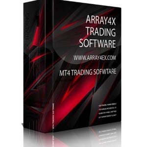 May include: A black and red software box with the text "ARRAY4X TRADING SOFTWARE" and "WWW.ARRAY4EX.COM". The box also says "MT4 TRADING SOFTWARE" and has a red and black geometric design.
