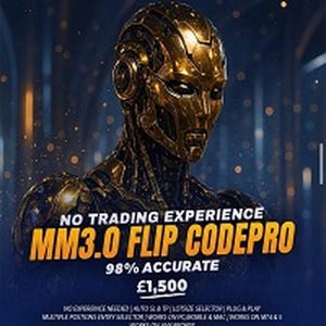 Può includere: Un'immagine futuristica con una testa e un busto robotici dorati. Il testo recita "NO TRADING EXPERIENCE MM3.0 FLIP CODEPRO 98% ACCURATE". L'immagine ha uno sfondo scuro e promuove un prodotto legato al trading.