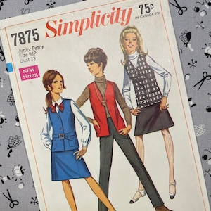 Simplicity 7875 UNCUT Vintage Sewing Pattern for Junior Petites’ Weskit, Pants, and Skirt Size 9 JP