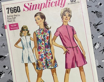 Simplicity 7660 UNCUT Vintage Sewing Pattern for Junior Petite Jiffy Pantdress Size 5JP Bust 31