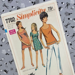 Simplicity 7702 UNCUT Vintage Sewing Pattern for Junior Petites Jiffy Minidress Or Overblouse with Pants in Two Lengths Size 7 JP