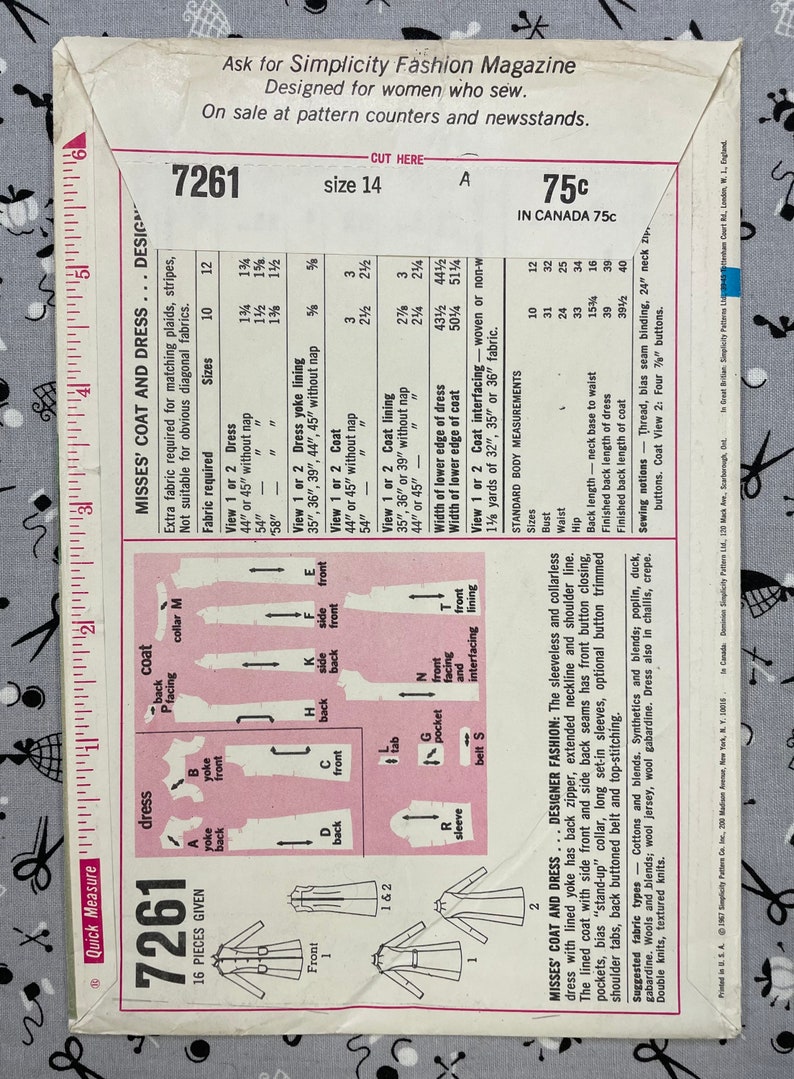 Simplicity 7261 UNCUT Vintage Sewing Pattern for Misses Coat and Dress Bust 34 Designer Fashion image 4