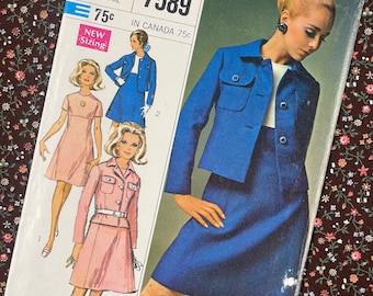 Simplicity 7589 UNCUT Vintage Sewing Pattern for  Dress & Jacket Juniors Size 9 Bust 32 1960s Designer Fashion