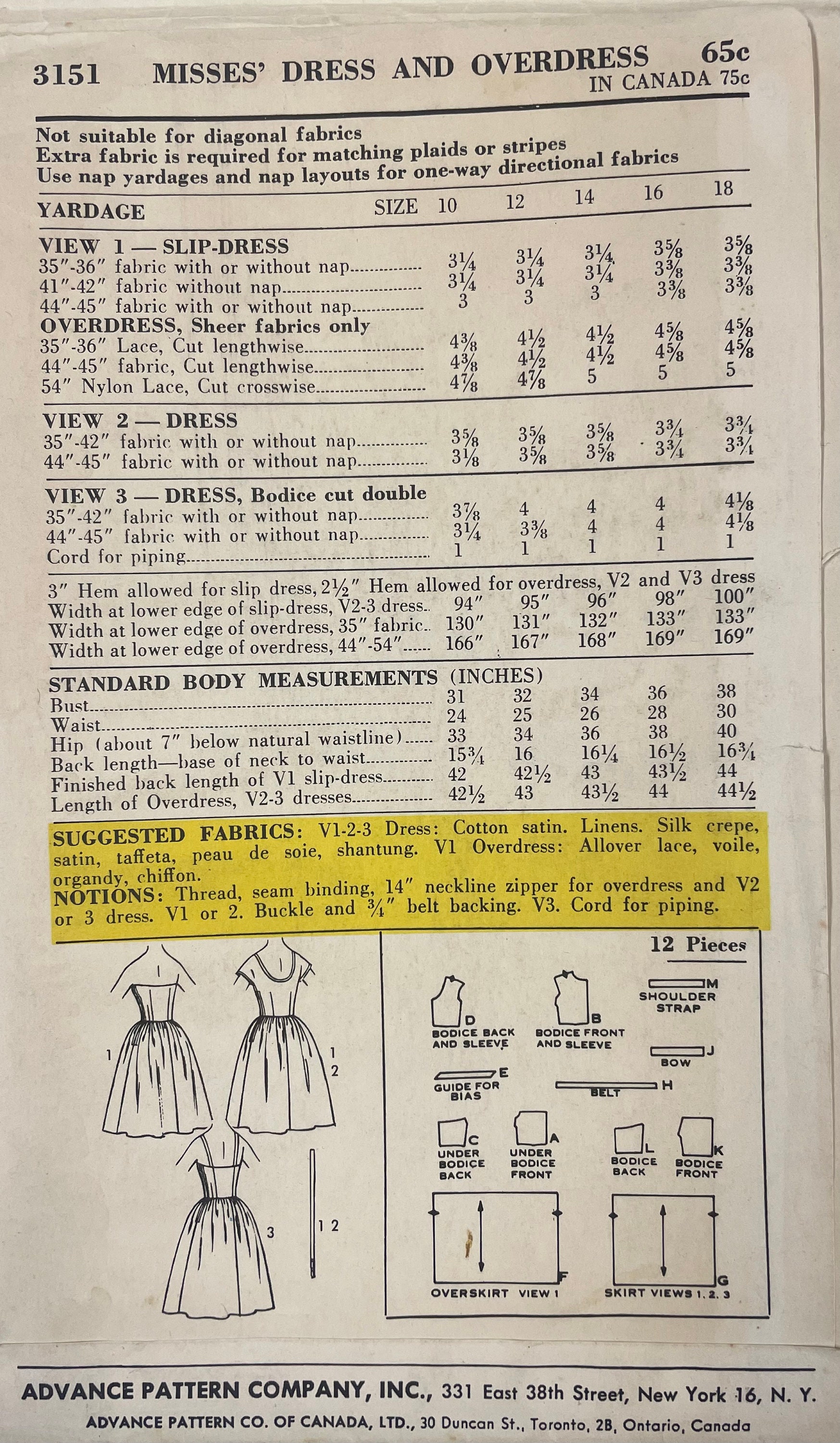 Over Dress Pattern Advance 3151 COMPLETE Vintage 1960’s Sewing Pattern for Misses Dress ...