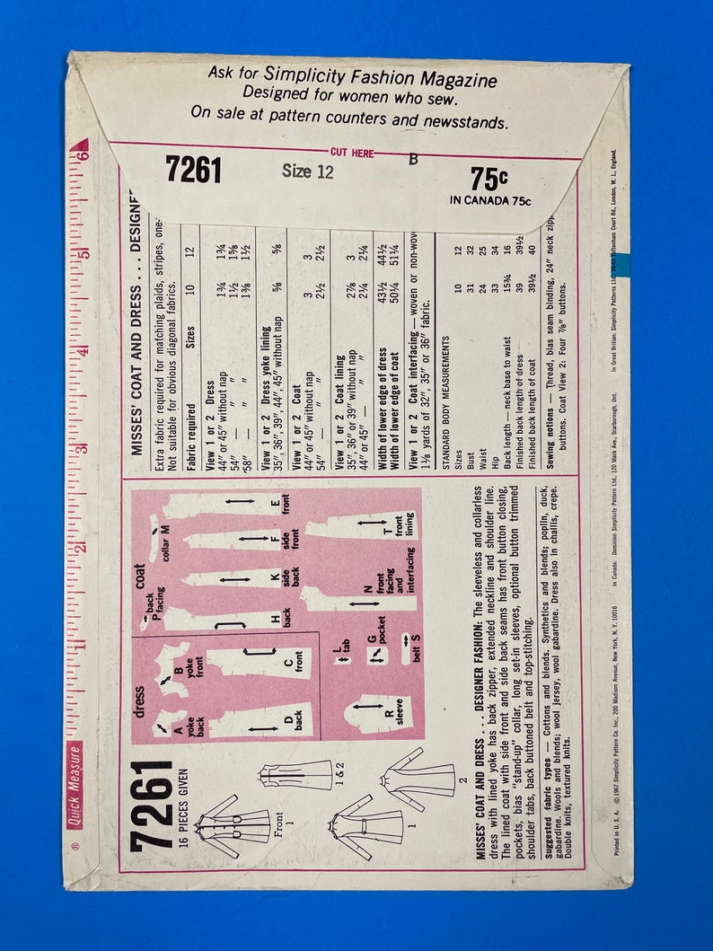 Simplicity 7261 UNCUT Vintage Sewing Pattern for Misses Coat and Dress Bust 32 Designer Fashion image 4
