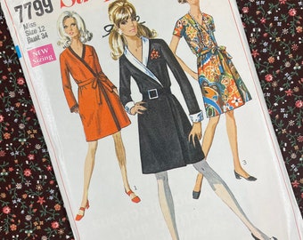 Simplicity 7799 UNCUT Vintage Sewing Pattern for Misses Wrap Dress with Detachable Collar & Cuffs Size 12