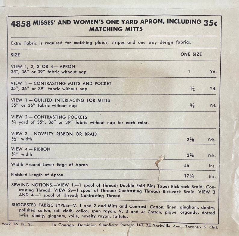 Simplicity 4858 COMPLETE Vintage Sewing Pattern for One Yard Apron & Matching Oven Mitt 1950s image 6