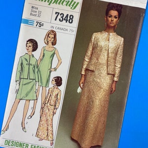 simplicity vintage 1960's evening dress jacket pattern 7348 Vtg 60's Simplicity 7348 DESIGNER DRESS JACKET Sewing Pattern Woman Sz 12  UNCUT