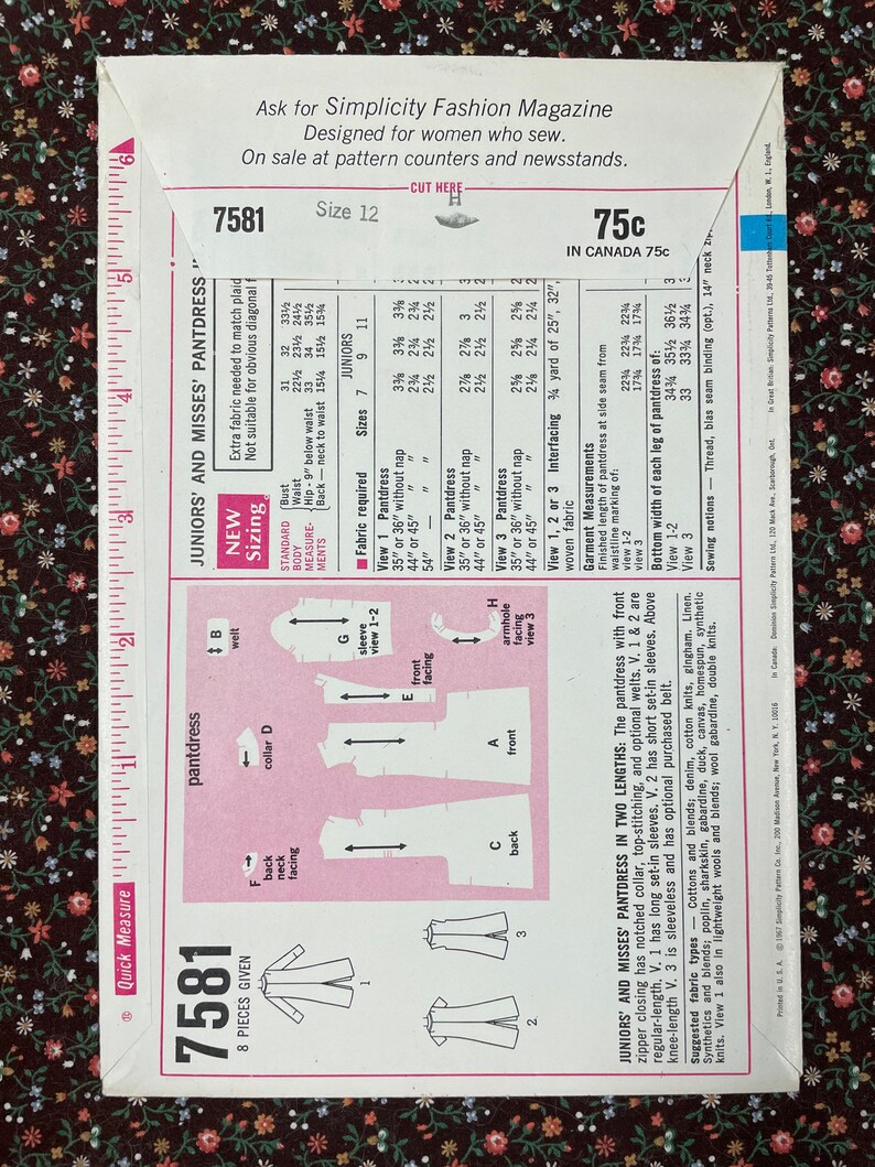 Puede incluir: Un patr&oacute;n de costura Simplicity para un vestido-pantal&oacute;n en dos longitudes. El patr&oacute;n incluye ocho piezas y est&aacute; disponible en las tallas 7, 9 y 11. El patr&oacute;n cuesta 75 centavos.