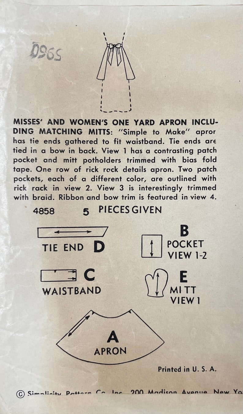 Simplicity 4858 COMPLETE Vintage Sewing Pattern for One Yard Apron & Matching Oven Mitt 1950s image 5