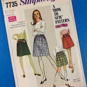 May include: A Simplicity 7735 sewing pattern envelope for young junior, teen, and misses sizes. The cover features illustrations of four skirt styles, including plaid and solid colors, with text reading A HOW TO SEW PATTERN and NEW Sizing.