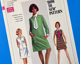 Simplicity 7462 UNCUT Vintage Sewing Pattern for Junior Petite Shirt Dress in Two Lengths & Tie Size 9JP Bust 33