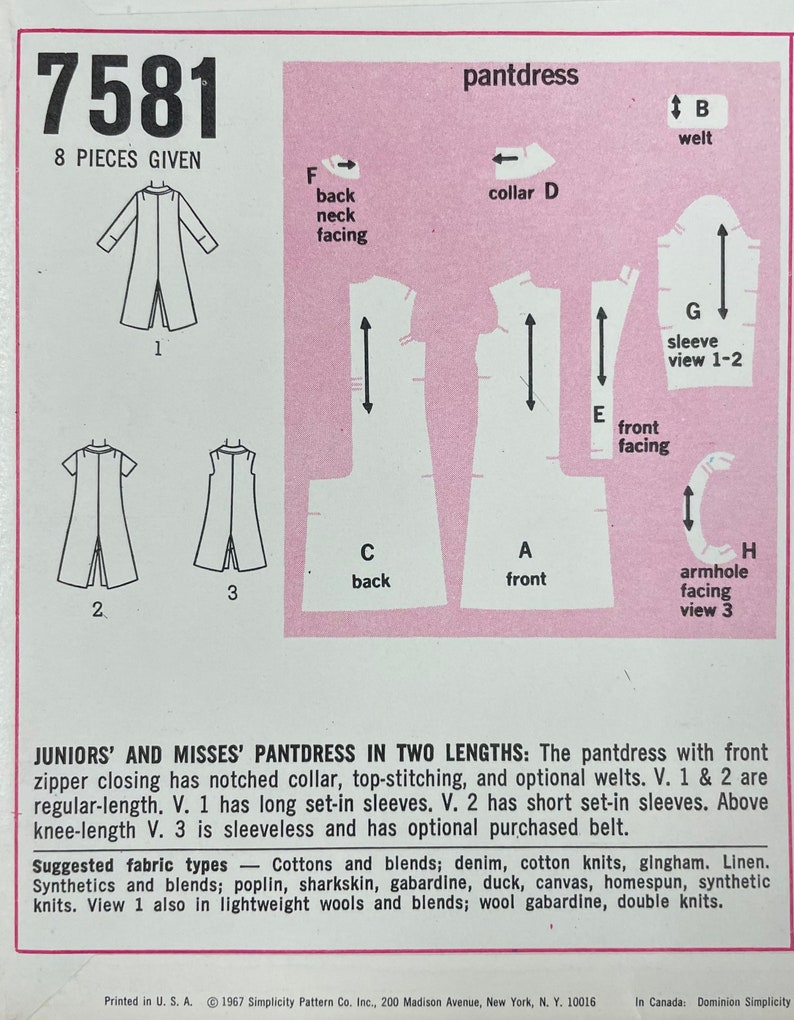 Puede incluir: Un patr&oacute;n de costura para un vestido pantal&oacute;n en dos longitudes. El patr&oacute;n incluye ocho piezas e instrucciones para hacer un vestido con cierre de cremallera, cuello en V, pespuntes y ribetes opcionales. El patr&oacute;n tambi&eacute;n incluye instrucciones para hacer mangas en dos longitudes, y una versi&oacute;n sin mangas. El patr&oacute;n es para tallas de junior y misses.