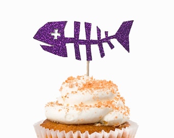 Fish Bones Cupcake Toppers, Cat  Birthday Decorations, Tuna Fish Cupcake Toppers, Fish Skeleton Cupcake Decoration