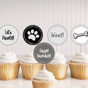 Printable Dog Birthday, Printable Dog Gotcha Day, Dog Party Supplies Fast, Cupcake Toppers Dog&#39;s Birthday Party, Black White Dog Party