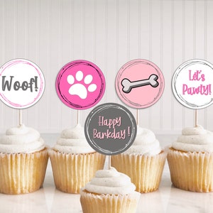 Dog Party Printables, Dog Birthday Decor Pink, Dog Birthday Cupcake Toppers, DIY Dog Party Decor, Girl Dog Birthday Party