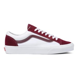 May include: White and burgundy sneakers with white laces. The shoe features a burgundy suede toe and heel, with a burgundy stripe on the side. The sole is white, and the shoe has a low-top design.