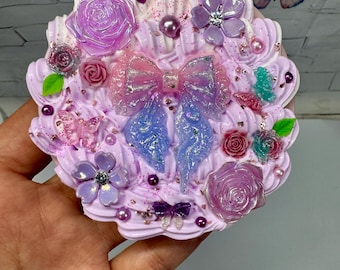 Espejo de bolsillo Kawaii / Maquillaje / Lazo con purpurina pastel / Rosas Decoden Colores y dijes personalizados / Abrazo de bolsillo gratis con cada espejo