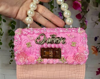 Handmade Custom Decoden Mini Purse/Hand bag/, Pearl Handle Kawaii Bag, Coquette Glam Mini Handbag, Cute Decorated PVC Purse /Black or Pink