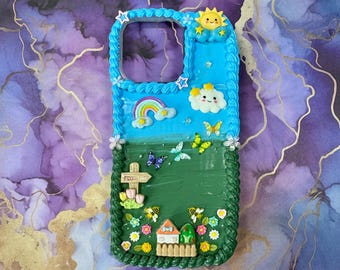 Sky Flowers Kawaii Garden Custodia per telefono Decoden fatta a mano/Disegni personalizzati disponibili/Combinazione blu/verde