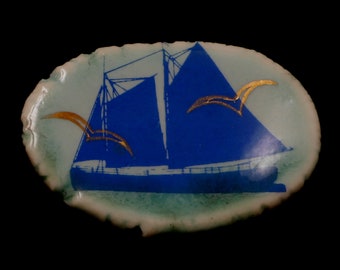 Ida Studio Limoges Porcelain Button Blue Ship Sea Seagull