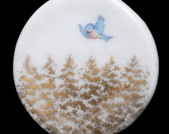 Ida Studio Limoges Porcelain Button Forest Blue Bird Bluebird