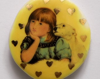 Studio Limoges Porcelain Yellow Button Victorian Girl White Dog Gold Hearts