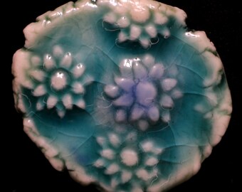 Ida Studio Limoges Porcelain Button Turquoise Green Blue Relief Raised Flowers