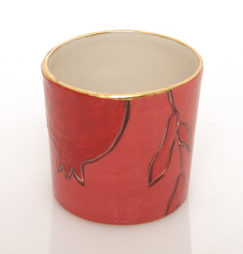 Small Porcelain Pomegranates Red Coral Hard Liquor Shot Ceramic Glass Drawing Gold Plant Fruit Judaica Rosh Hashana