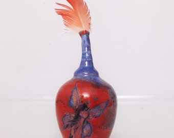 Handmade Pottery Miniature Wheel Thrown Vase Bottle Phial Bent Neck Fairy Red Mauve Blue