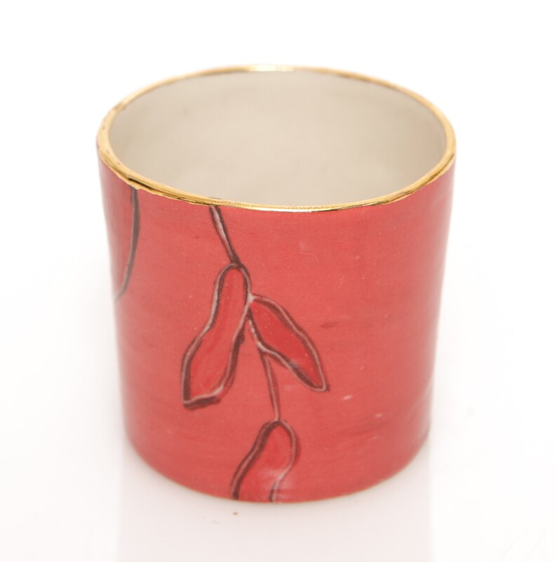 Small Porcelain Pomegranates Red Coral Hard Liquor Shot Ceramic Glass Drawing Gold Plant Fruit Judaica Rosh Hashana