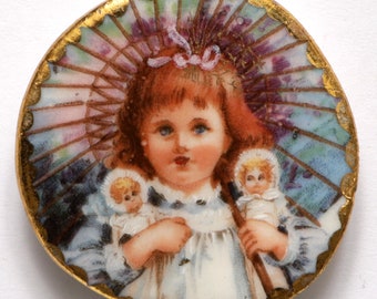 Ida Studio Limoges Porcelain Button Victorian Redhead Girl Dolls Umbrella