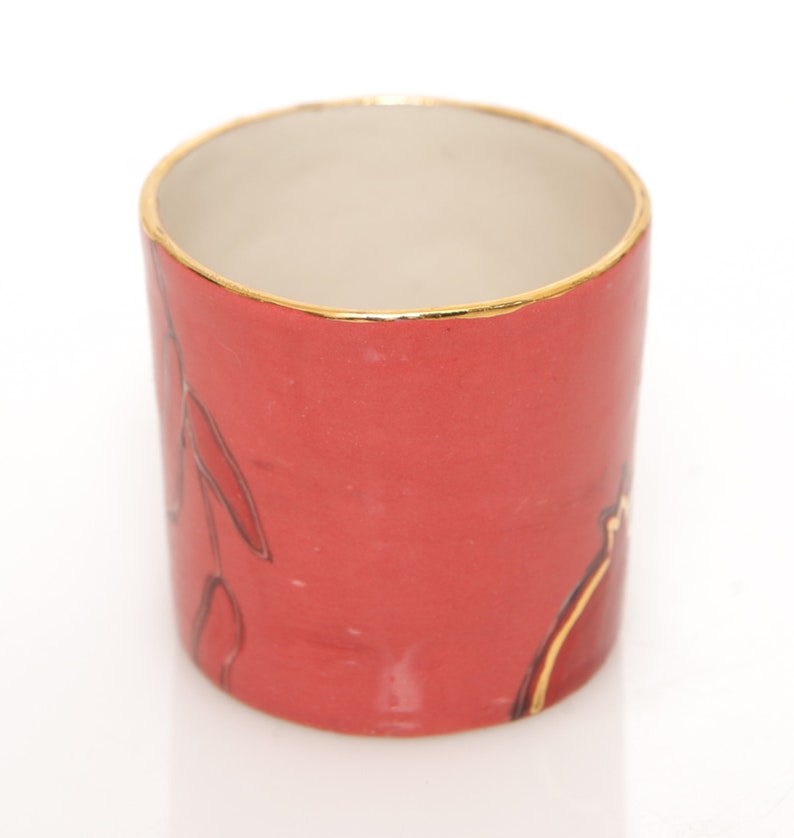 Small Porcelain Pomegranates Red Coral Hard Liquor Shot Ceramic Glass Drawing Gold Plant Fruit Judaica Rosh Hashana