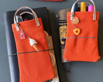 Summer Orange Tiny Pen Tote for your Traveler’s Notebook, Orange Pocket Pen Pouch, Notebook Pen Pouch, Minamalist Pen Pouch, Journal Pen