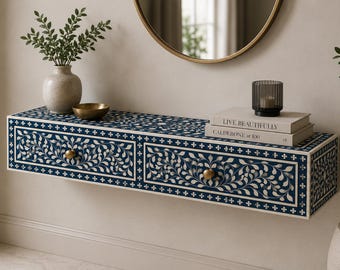 Floating Bone Inlay Console Table | Blue Wall Mounted Entryway Cabinet | Handmade Storage Console