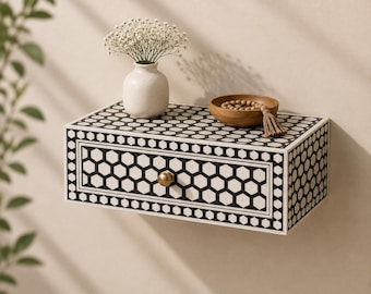 Floating Bone Inlay Nightstand | Wall Mounted Bedside Table | Honeycomb Single Drawer