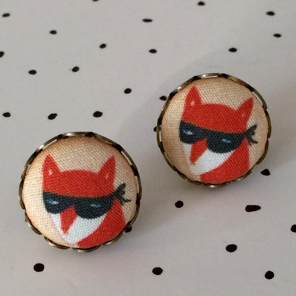Bandit Fox Fabric Button Earrings, Studs, Posts