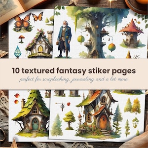 10 Fantasy Textured Sticker Sheets – Digital Download (PNG, PDF) | Fairies, Trees, Magic Houses & Mushrooms. High quality