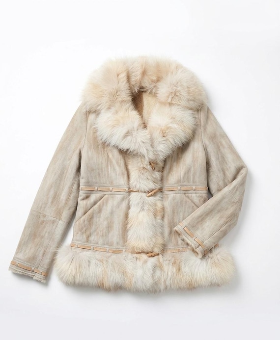 Vintage Genuine Shearling Coat with Blue Fox Fur Trim | Luxury Sheepskin Jacket for Women | Beige Suede Fur Parka | Size Medium