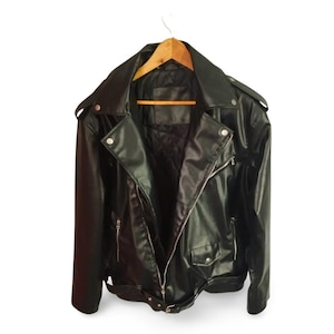 Men&#39;s Black Leather Biker Jacket: American Flag Print Moto Jacket