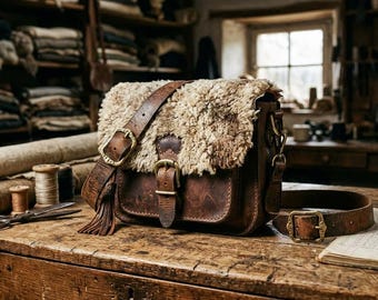 Handgemaakte koerierstas van schapenvacht en verouderde leren schoudertas - rustieke schoudertas met echt schapenvacht, leren schoudertas in vintage stijl